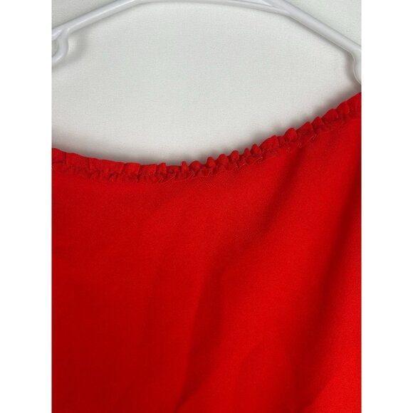REISS Cecilia Frill-Detail Asymmetric Hem Dress Red 4 Cap Sleeves & Back Zipper - Picture 9 of 16